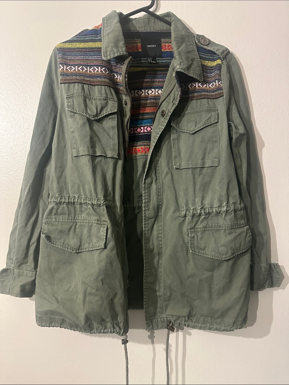Forever 21 Olive Green Military Utility Jacket with Patterned Yoke Sz S